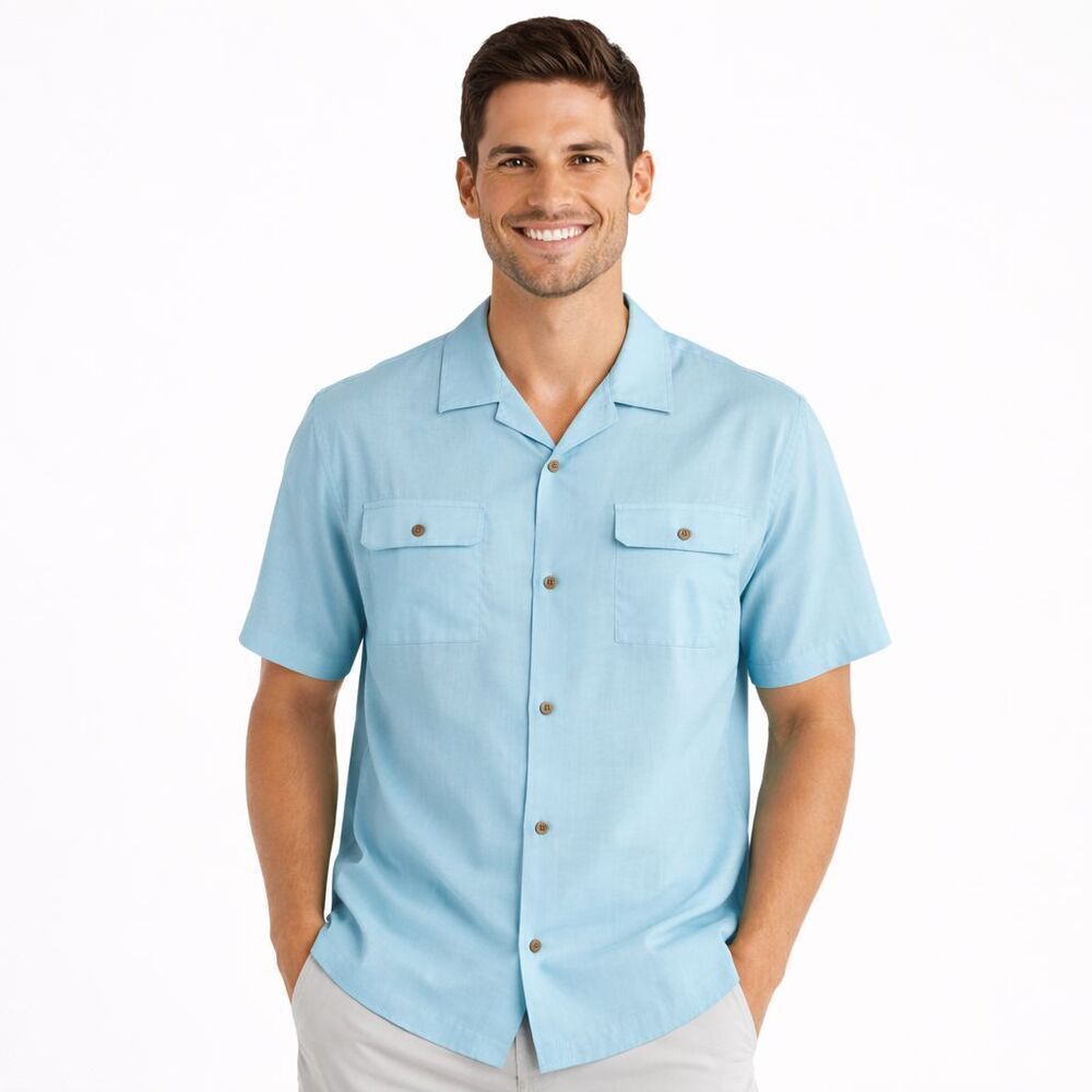 TravisMathew Mens Shirt Large Windy Bay Short Sleeve Button Up Shirt Dusty Blue